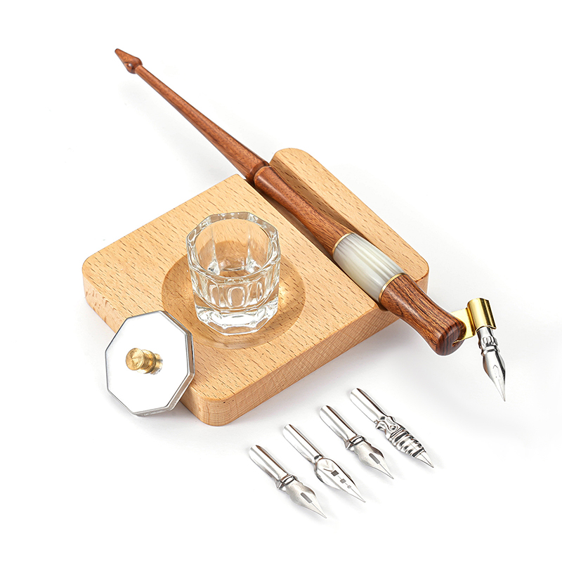 High Quality European Style Vintage Handmade Solid Wood Pen Holder Office English Calligraphy Dip Pen Glass Pen Washing Cup Set