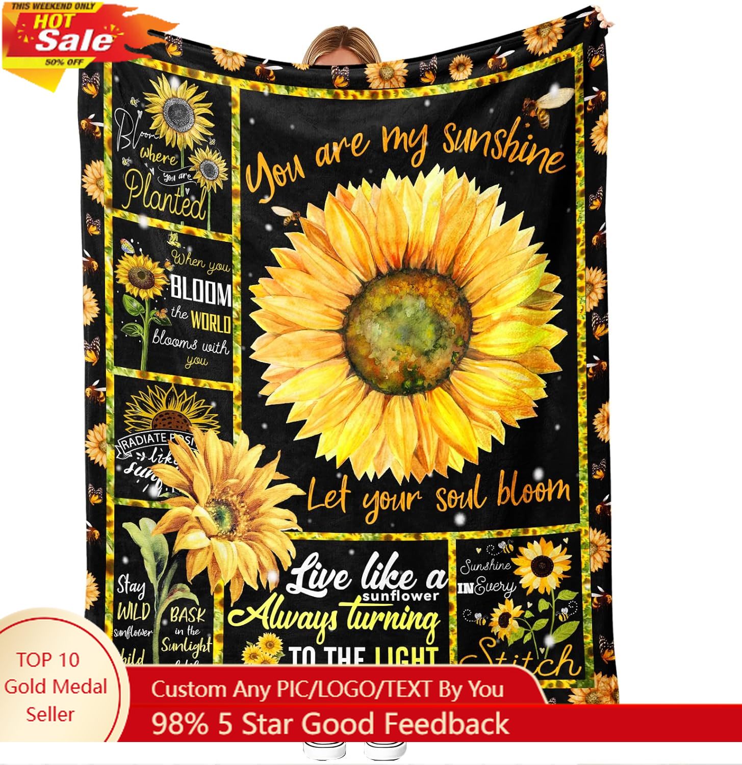 Couverture en flanelle de tournesol, «vous êtes mon soleil» inspirante, jeter laissez votre âme, citation Bloom, couvertures personnalisées