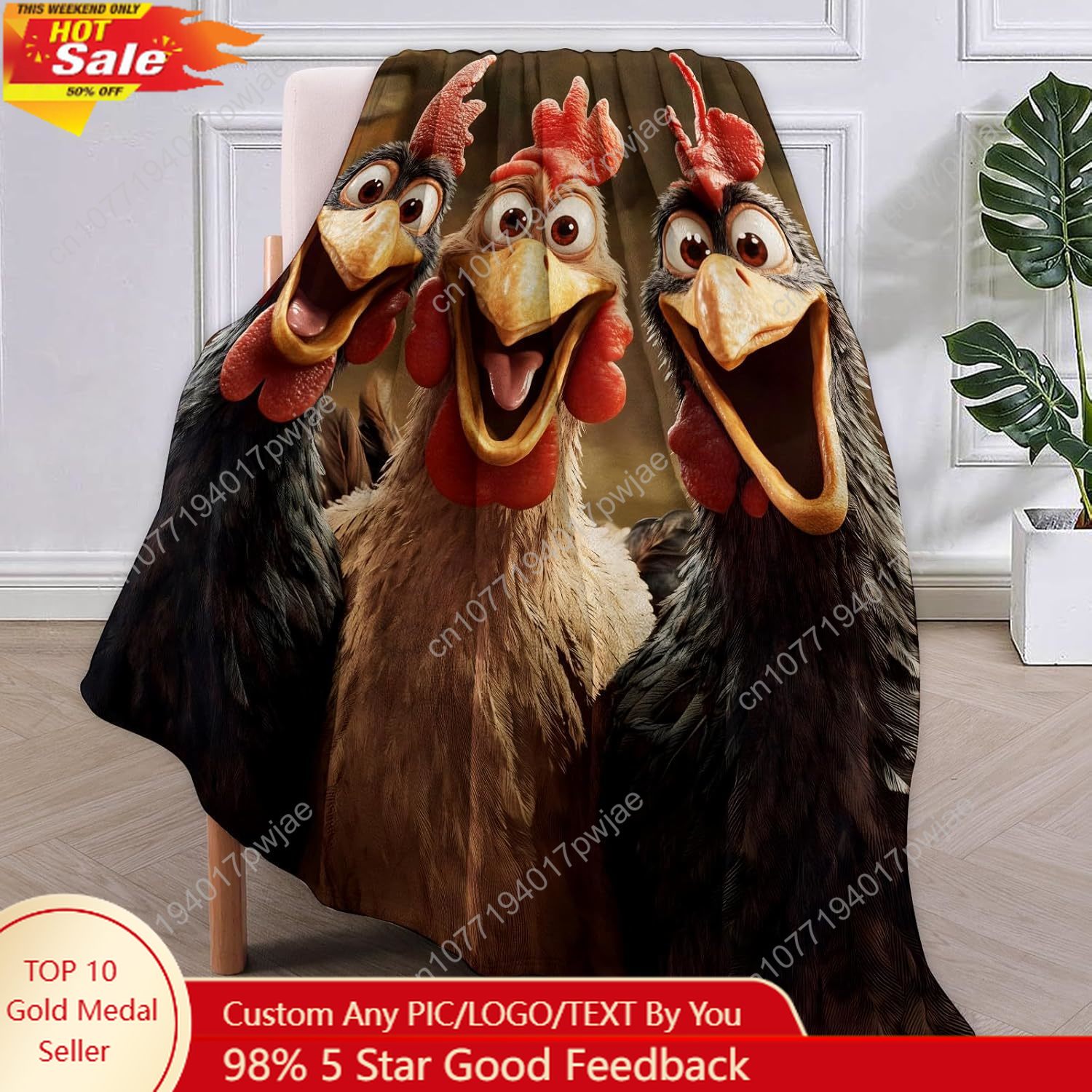 Couverture de poulets cadeaux pour femmes, couverture en flanelle de trois poulets joyeux de dessin animé, couvertures personnalisées douces et chaudes et légères