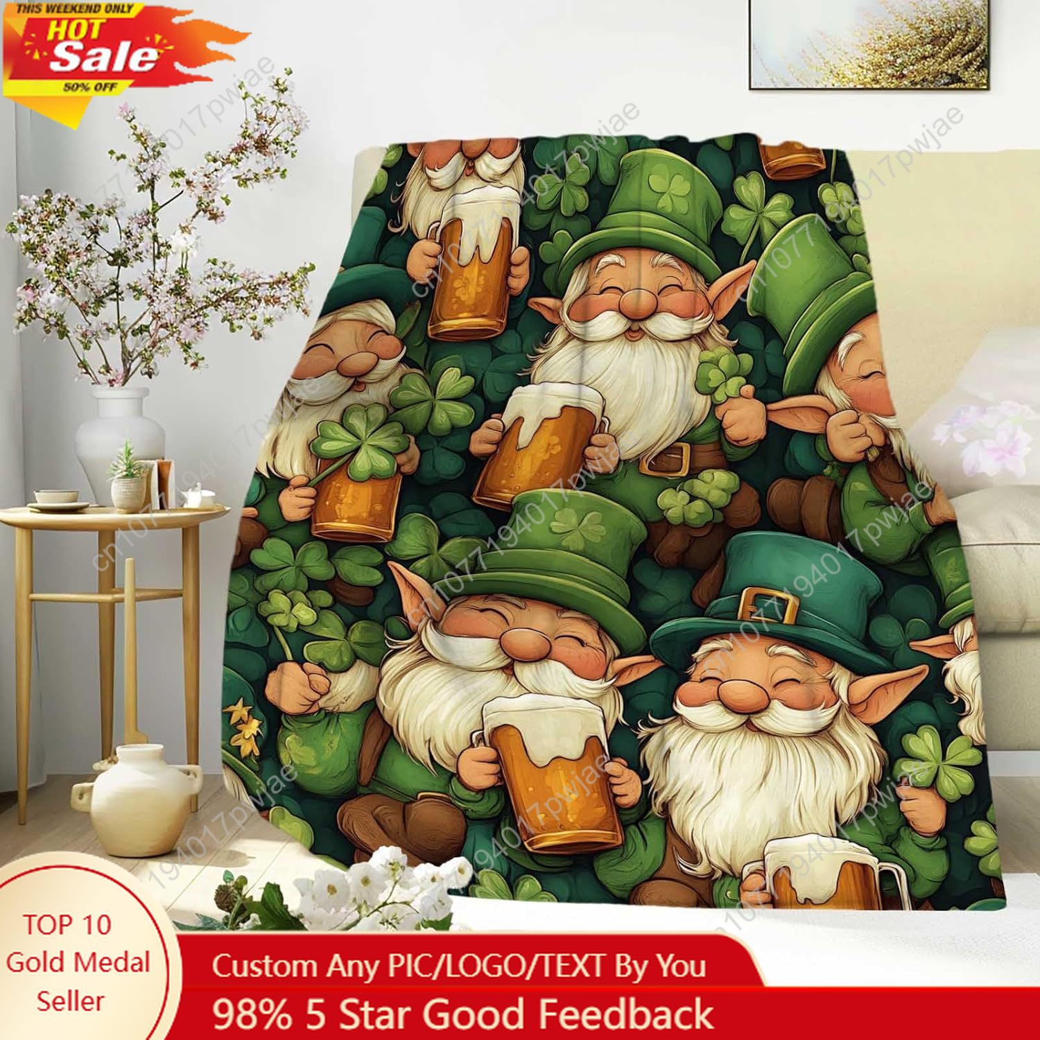 Couverture Gnome de la Saint-Patrick avec tasses à bière, couverture verte confortable pour tous âges, parfaite pour les couvertures personnalisées