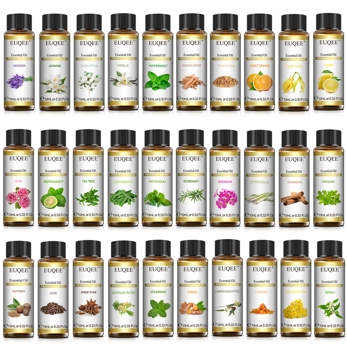 EUQEE-Huile essentielle naturelle pure, Lavande Jasmin Eucalyptus vanille bois de santal orange douce citron origan orange parfum 10ml