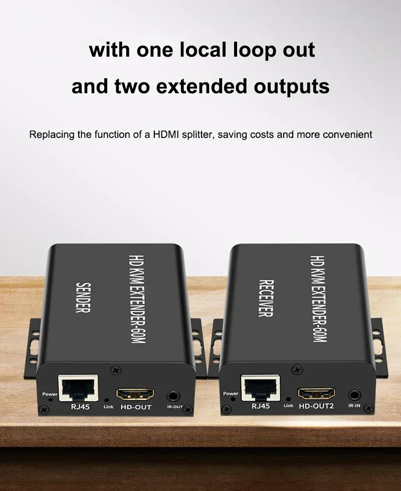Extension HDMI KVM 60M sur câble Ethernet Cat6, transmetteur et récepteur vidéo, prise en charge du clavier et du souris USB, alimentation sur un côté