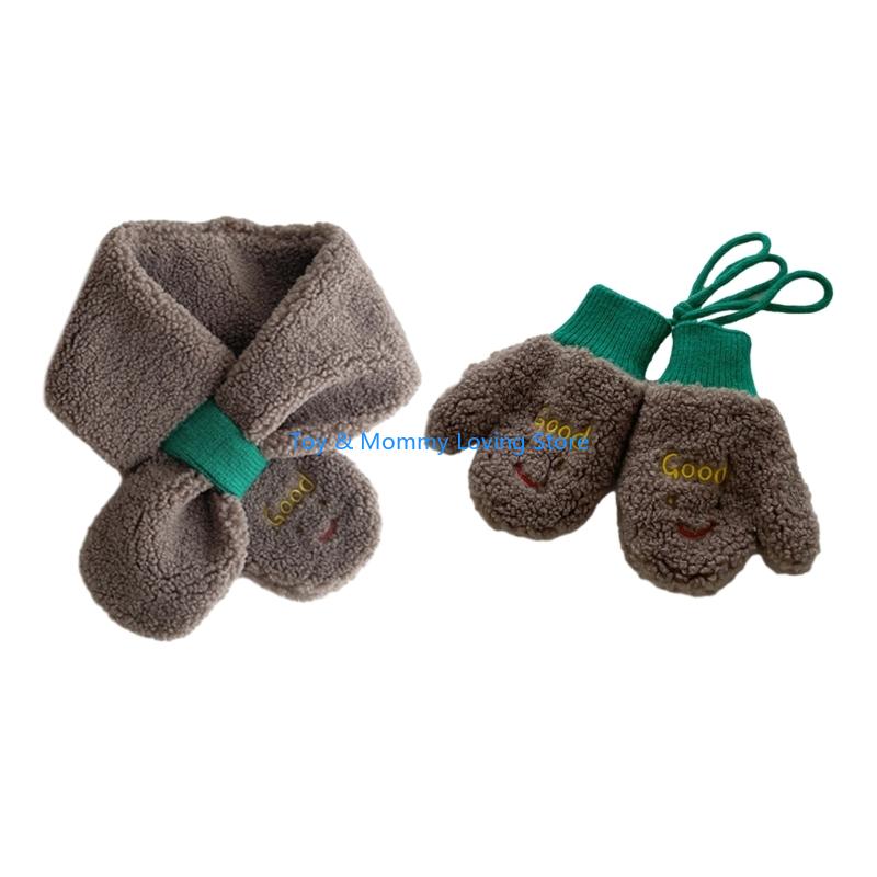 Y1QF Korean Baby Gloves for Winter Warm & Trend Kids Mittens Scarf set Toddler Boy Girl Winter Gloves Scarf set Lamb Wools