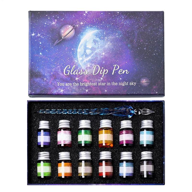 Ensemble de stylos et d'encre en verre, 12 encres, ensemble de stylos à tremper, ensemble de stylos à encre étanches, fournitures de calligraphie pour illustration