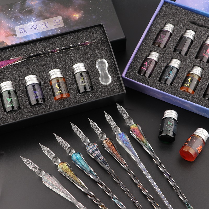 Glass Ink Pen Set, Glass Dip Pen with Ink and Pen Holder Art Crystal Glass Pens for Signatures, Business Christmas Gift Ink Pens