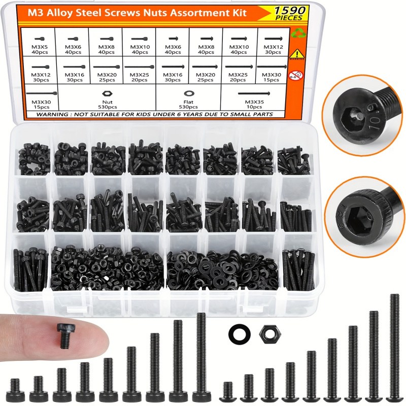 1590PCS M3 Screw Assortment Kit - 12.9/10.9 Grade Black Hex Socket & Button Head Screws with Nuts | High Strength Alloy Steel